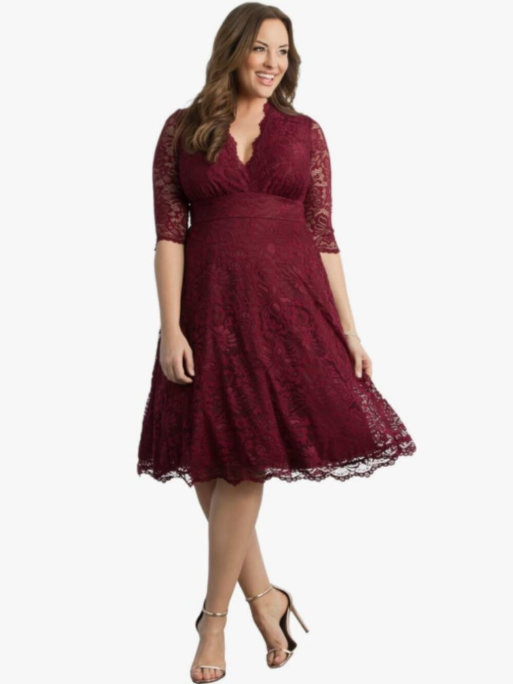 Kiyonna - Lace Cocktail Midi Dress - Pinot Noir/Burgundy/Maroon